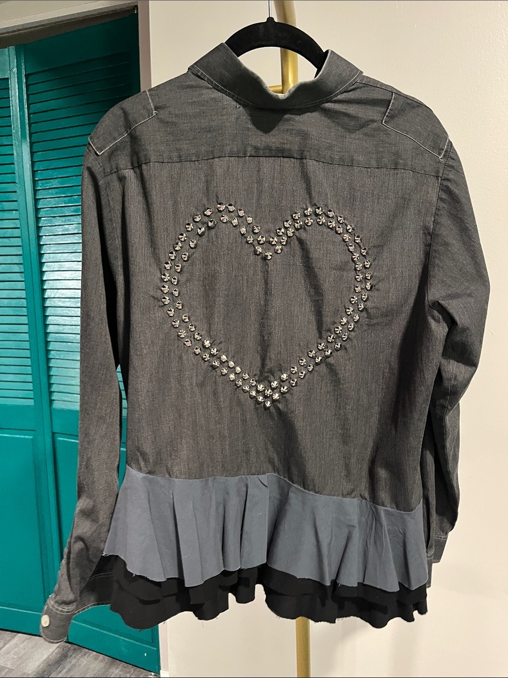 FREE PEOPLE Tricia Fix Top/Jacket • Rare Sold-Out Studded Heart Ruffle Button-Up - Picture 6 of 8